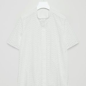 COS Cream Short Sleeve Eyelet Button Down Tunic Shirt Size 4 Collarless Cotton